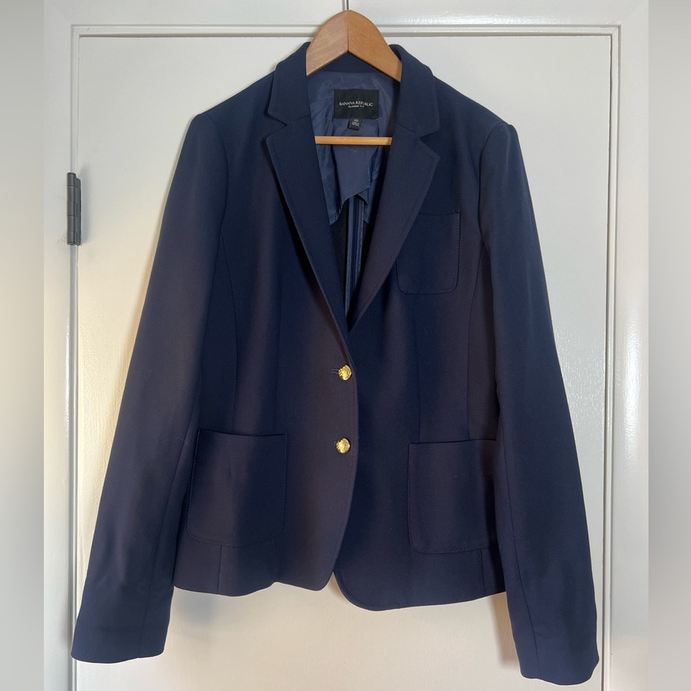 Banana Republic Classic Fit Knit Blazer Navy Blue 10 Tall Tailored Preppy Modern